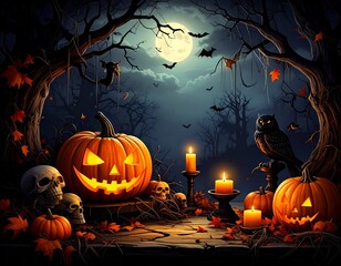 Spooky Halloween night with glowing pumpkins, candles, bats, and full moon in dark forest atmosphere