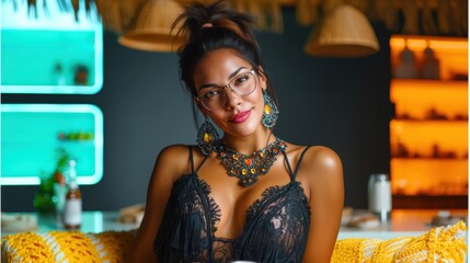 A woman is smiling while posing in black lace loungewear. She wears glasses and elaborate jewelry in a colorful Apartment setting during the evening
