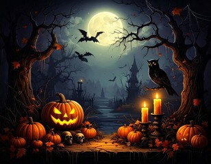 Spooky Halloween night with glowing pumpkins, candles, bats, and full moon in dark forest atmosphere