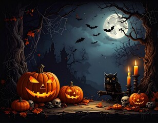 Spooky Halloween night with glowing pumpkins, candles, bats, and full moon in dark forest atmosphere