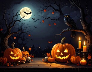 Spooky Halloween night with glowing pumpkins, candles, bats, and full moon in dark forest atmosphere