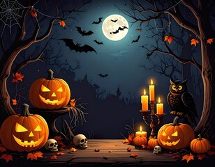 Spooky Halloween night with glowing pumpkins, candles, bats, and full moon in dark forest atmosphere