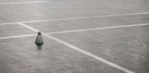 Badminton balls and badminton rackets on court