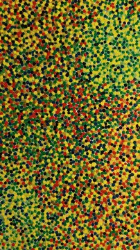 Ishihara Test Pattern: A close-up view of an Ishihara color test plate designed to assess color perception, showcasing a pattern of colored dots.