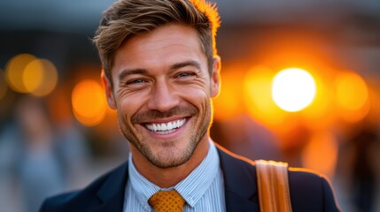 A happy man with brown hair smiles. He is dressed in a suit and tie and carries a briefcase over his shoulder during golden hour outdoors