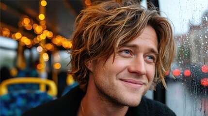 A young man with blond hair and blue eyes is riding on a city bus. He is gazing out the window at the rain, a soft smile on his face in the afternoon