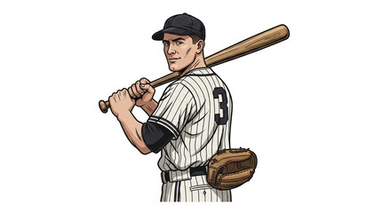 Vintage baseball player holding a bat, looking confidently forward, ready to play the game