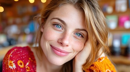 A fair-skinned woman with blond hair and blue eyes smiles softly. She wears a colorful top and rests her head on her hand, posing inside a bright room