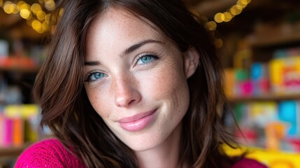 A young woman with freckles and soft, even skin, wearing a pink top, looks directly at the camera with a slight smile. She is inside a room with colorful lights