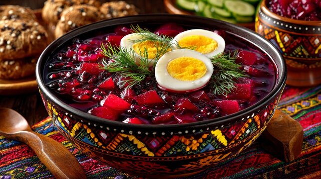 Sopa fr&iacute;a de remolacha polaca con huevos y ensalada, servida en un cuenco tradicional