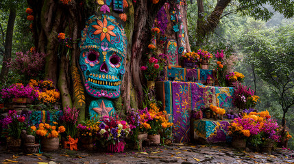 altar de muertos decorado colorido tradicional y cultural para el dia de muertos con flores y alimentos mexicanos artesanal creencias de tradicion mexicana