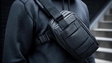 Close medium shot capturing a sleek waterproof camera bag with adjustable shoulder straps and multiple compartments emphasizing easy access and protection.