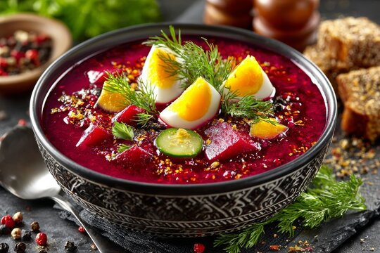 Sopa fr&iacute;a de remolacha polaca hecha en casa con huevos y verduras frescas
