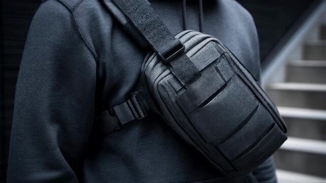 Close medium shot capturing a sleek waterproof camera bag with adjustable shoulder straps and multiple compartments emphasizing easy access and protection.