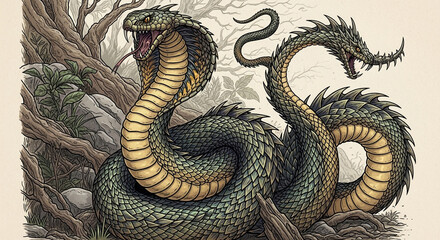 Majestic mythical hydra serpent with cobra head and dragon features coiled in a mystical forest, ready for epic fantasy adventures © Zulqarnain