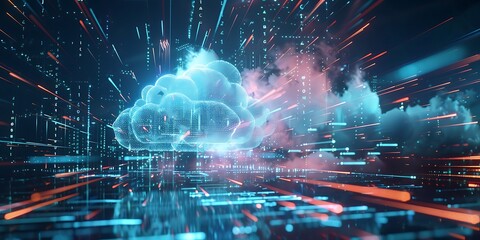 Fototapeta premium Futuristic abstract digital clouds in a network of glowing data streams