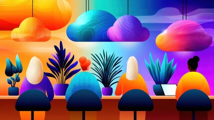 Several people sit at a counter with laptops and plants in pots. Cloud shaped lights hang overhead. The scene is colorful, with various shades of orange, purple, and blue