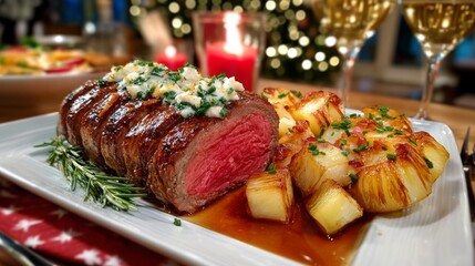 Deliciosa carne de res zrazy casera con guarnici&oacute;n dorada de papas y decoraci&oacute;n navide&ntilde;a