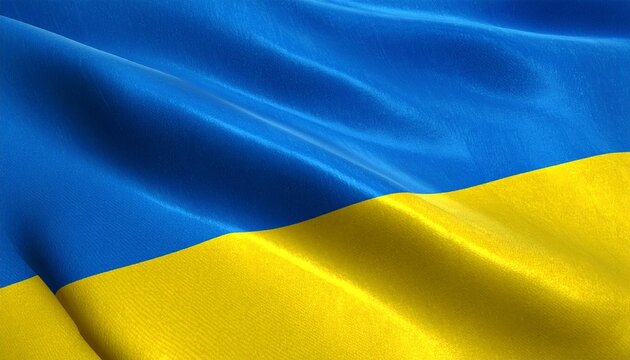 Ukrainian national flag with two horizontal bands, blue on top and yellow on bottom, waving dynamically with textured folds.