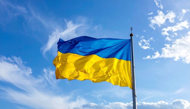 Ukrainian flag waving on a flagpole against a blue sky with clouds