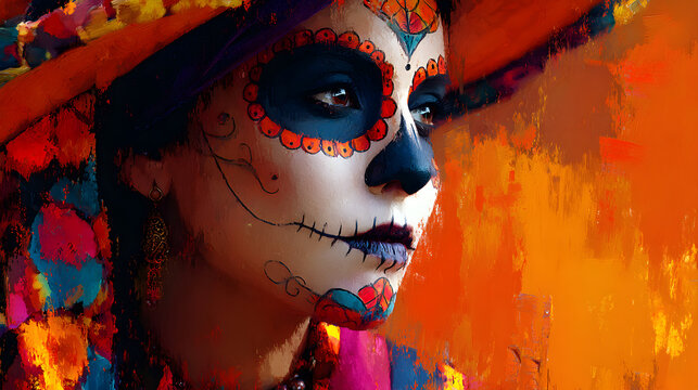 una catrina elegante maquillada de calavera hermosa artistica sobre un fondo pintado en acuarela con espacio de copia 