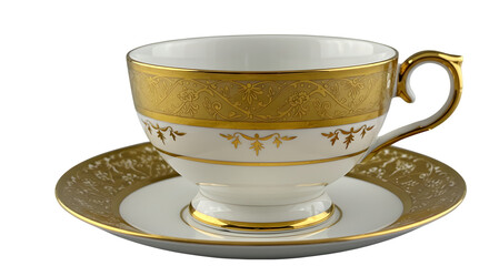 Elegant gold and white teacup with floral design stands out against a black backdrop for product photography and branding.