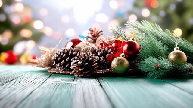 Festive Assemblage: A charming composition of pine cones, vibrant ornaments, and verdant fir branches adorns a weathered wooden surface.