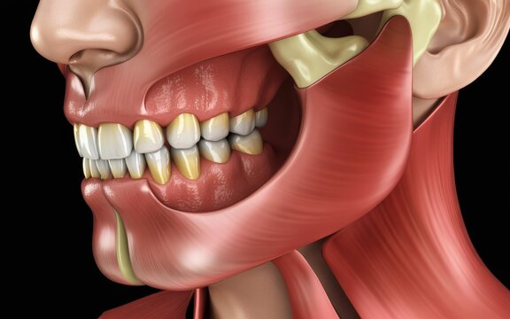 Detailed 3d anatomy rendering of human jaw muscles and temporomandibular joint