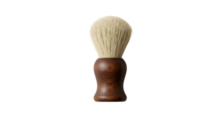 Tan and white shaving brush has wood grain texture. Useful for product photography, lifestyle, branding, and posters.