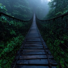 Obraz premium Eerie suspension bridge disappearing into misty forest.