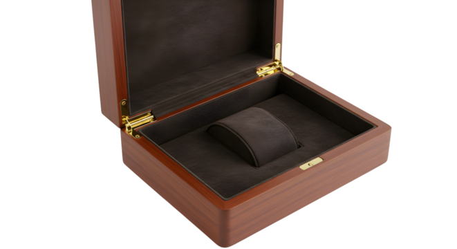 Open brown wood box shows smooth surface and gold hinges. Use for product photography, luxury packaging, mockup.