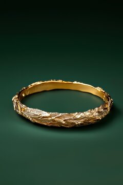 Elegant gold bangle bracelet with intricate leaf design.