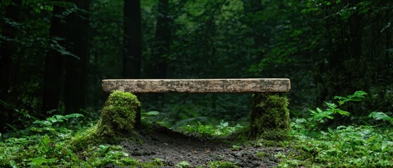 Fototapeta premium Mossy wooden bench in a lush green forest.