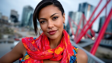A beautiful woman with dark hair and hoop earrings is posing on a bridge in Calgary. She wears a colorful scarf and the cityscape is in the background