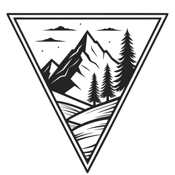 Black mountain landscape inside inverted triangle black and white