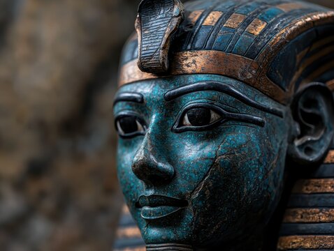 Detailed bust of ancient Egyptian pharaoh with golden accents