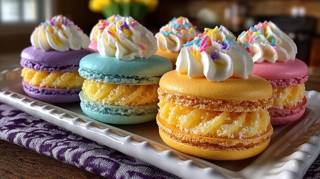 Deliciosos macarons caseros de diferentes colores con crema y chispas