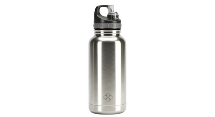 Metal Bottle: Shows brushed steel water bottle with black lid, for product photography, branding and marketing.