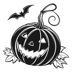 Black pumpkin with carved spooky face and bat jack o lantern
