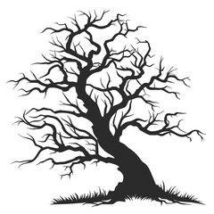 Black silhouette of a gnarled bare tree with crooked branches 1