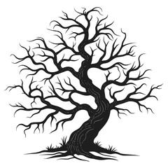 Black silhouette of a gnarled bare tree with white dots