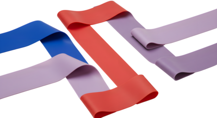 Blue, red, purple rubber bands curve on black. Fitness backdrop. Use for social media, posters, headers, branding, ads.