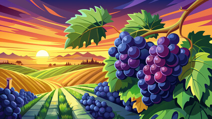 Fototapeta premium Very beautiful close-up black grapes against vineyard background with panoramic sunset view, vector-style banner illustrating winery elegance, rich colors, and the golden glow of harvest evening.