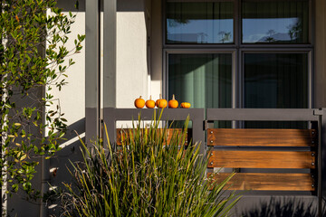 Cozy fall balcony with pumpkins in Cupertino at sunset