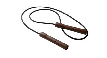 Brown wood and black rope jump rope on black. Promotes fitness product shots, workout ads, gym posters.
