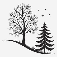 Obraz premium Black silhouette of bare tree and pine tree with stars