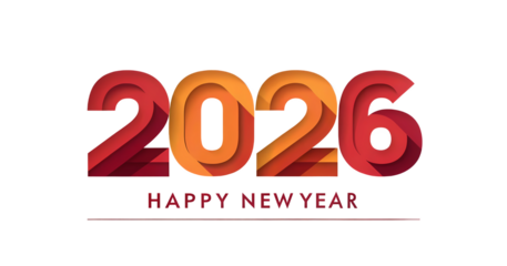 Happy new year 2026 text with gradient colors isolated on transparent background