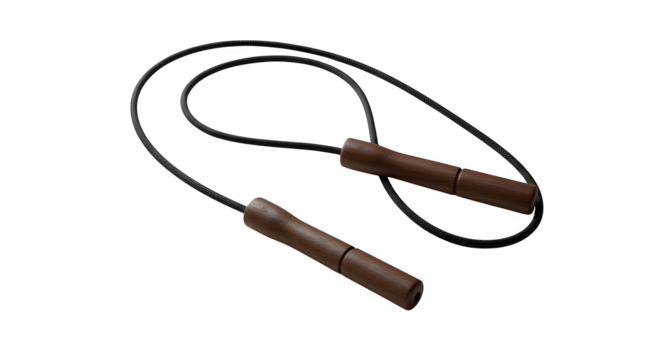 Brown wood and black rope jump rope on black. Promotes fitness product shots, workout ads, gym posters.