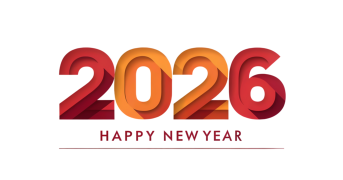 Happy new year 2026 text with gradient colors isolated on transparent background