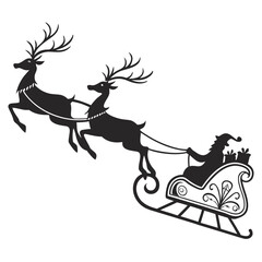 Black silhouette of reindeer pulling Santa's sleigh with gifts